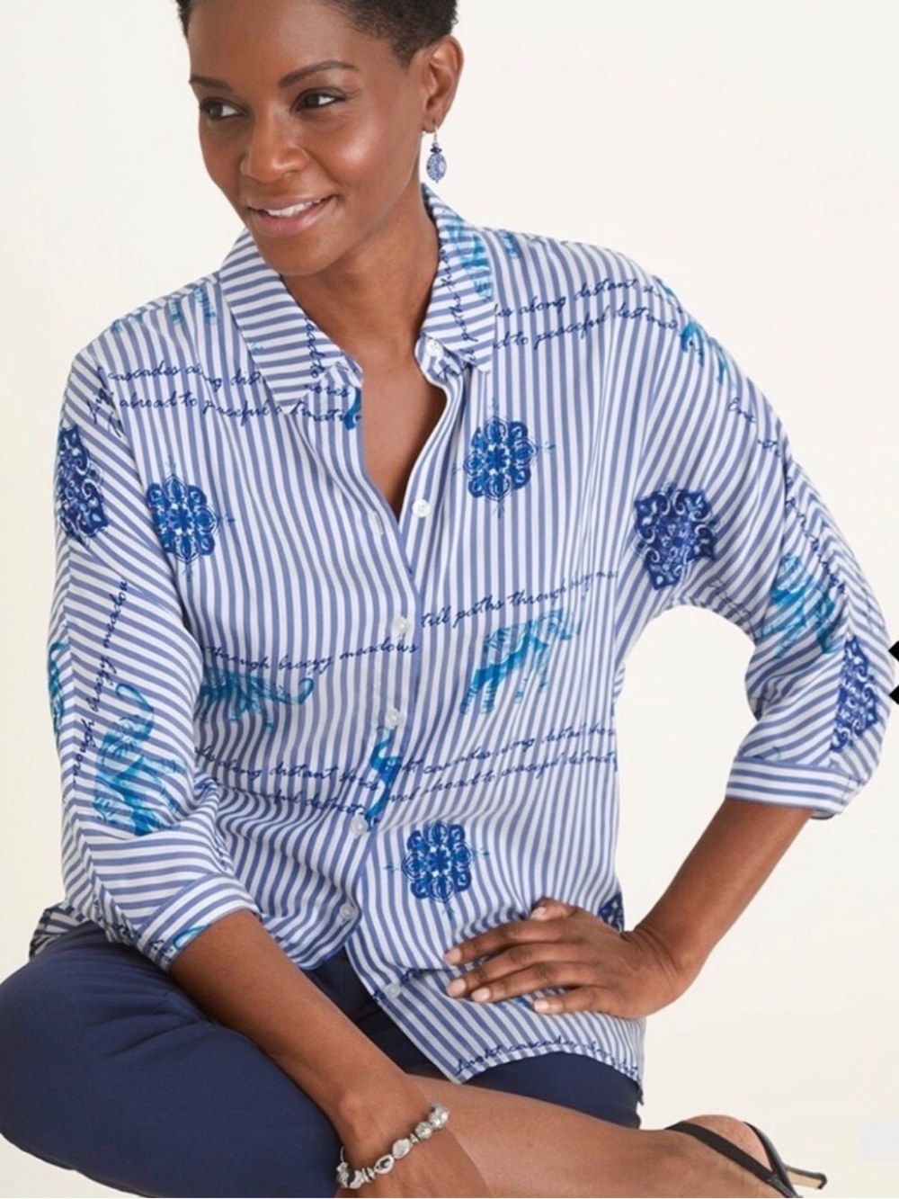 Chico's Blue and White Striped Button-Up Blouse with Blue Floral Print size XXL